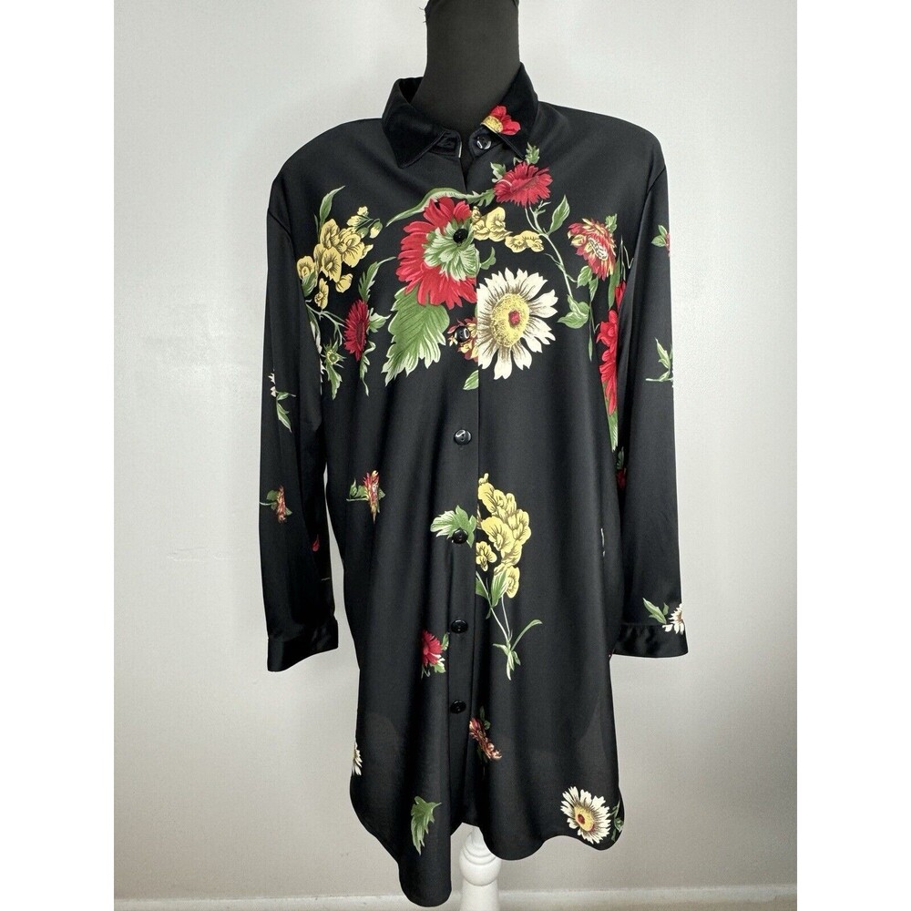 Vintage Top Notch Tunic Sz L Button Down Black Floral Made In USA